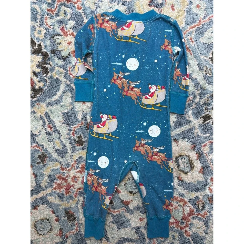 Hanna Andersson Pajamas Boys 3-6M Teal Santa Reindeer Organic Cotton EUC